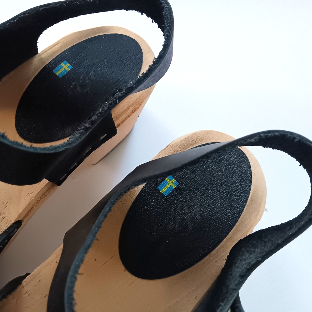 Lotta's Lotta From Stockholm Low Wood Black Leather Swedish Wooden Clogs Size 38 - Picture 8 of 9